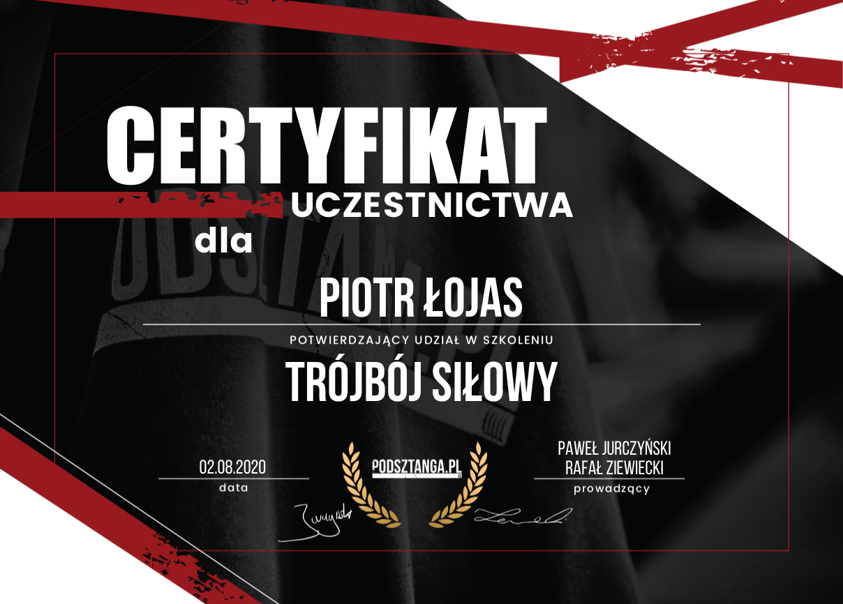 Certyfikat ukończenia kursu z Trójboju Siłowego